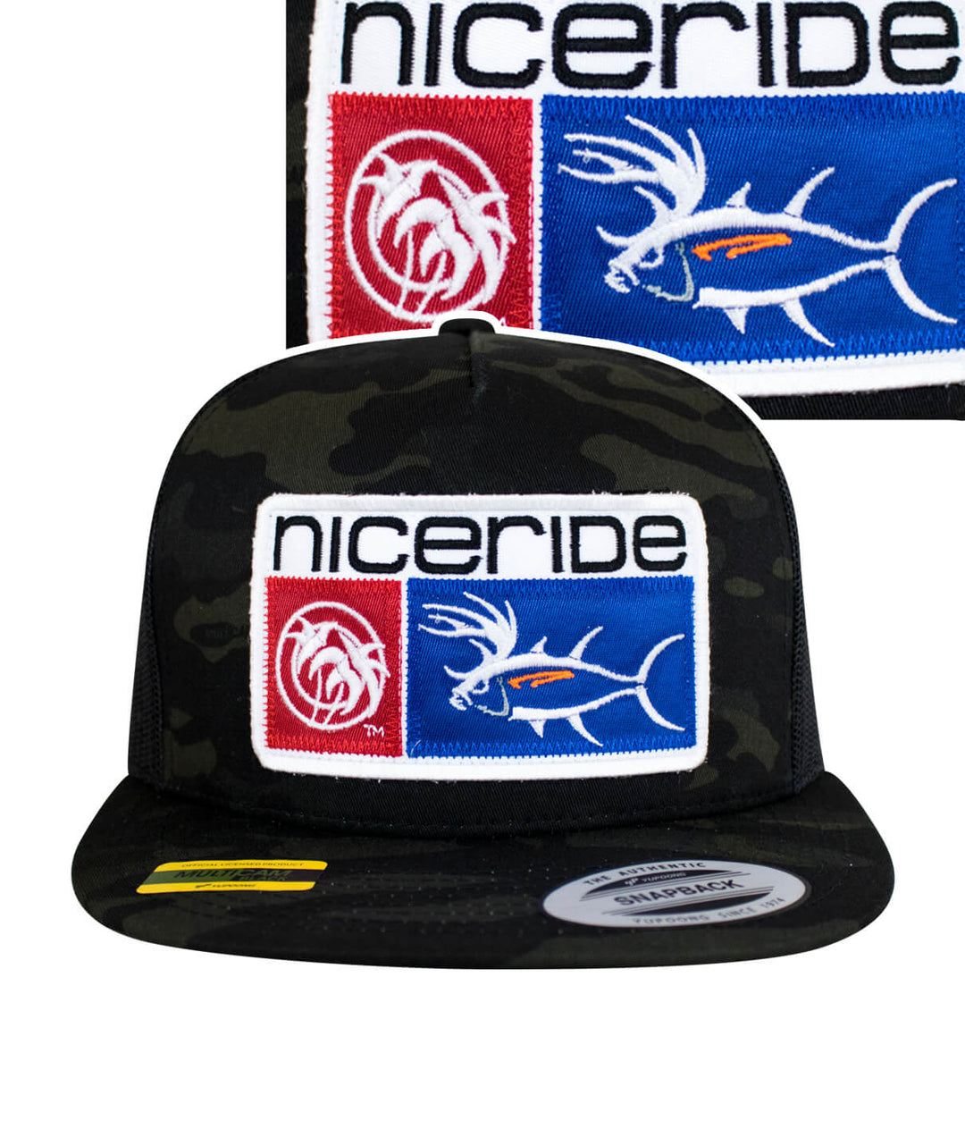 Buck-Eye Combo Patch unisex snapback trucker hat with NICERIDE logo and bold embroidered design.