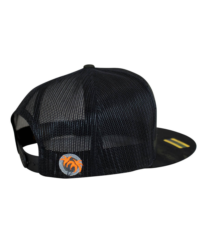 Back view of Sorry Charlie Patch trucker hat showing black mesh and palm logo with orange leaves design.