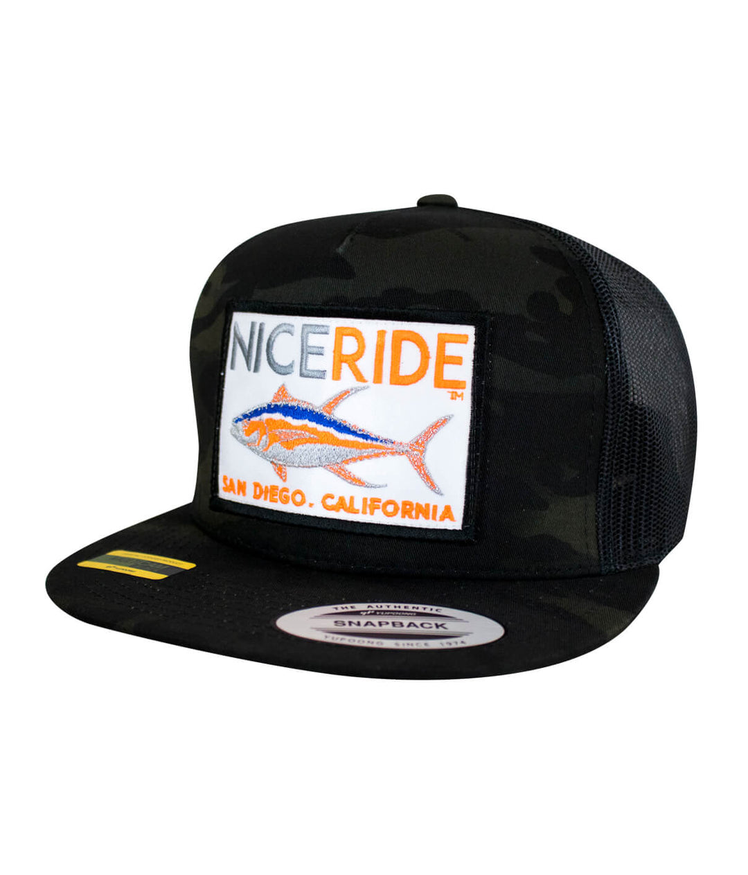 Sorry Charlie Patch Trucker Hat featuring NICERIDE logo and embroidered fish on a classic snapback hat.