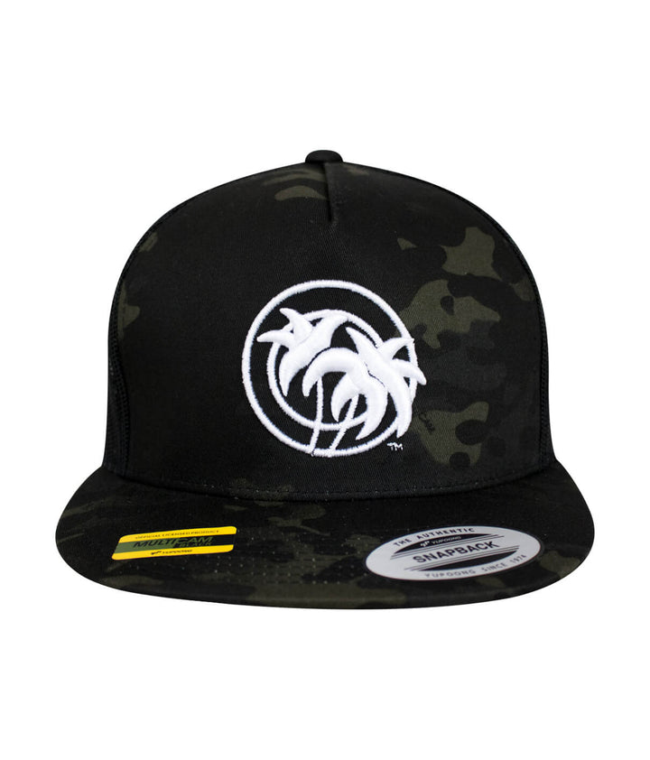 Just Palm multicamo trucker hat featuring 3D Puff embroidery on the front.