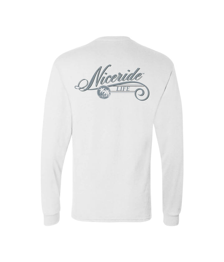 The Life shirt featuring NICERIDE logo printed on back of a white Hanes men&