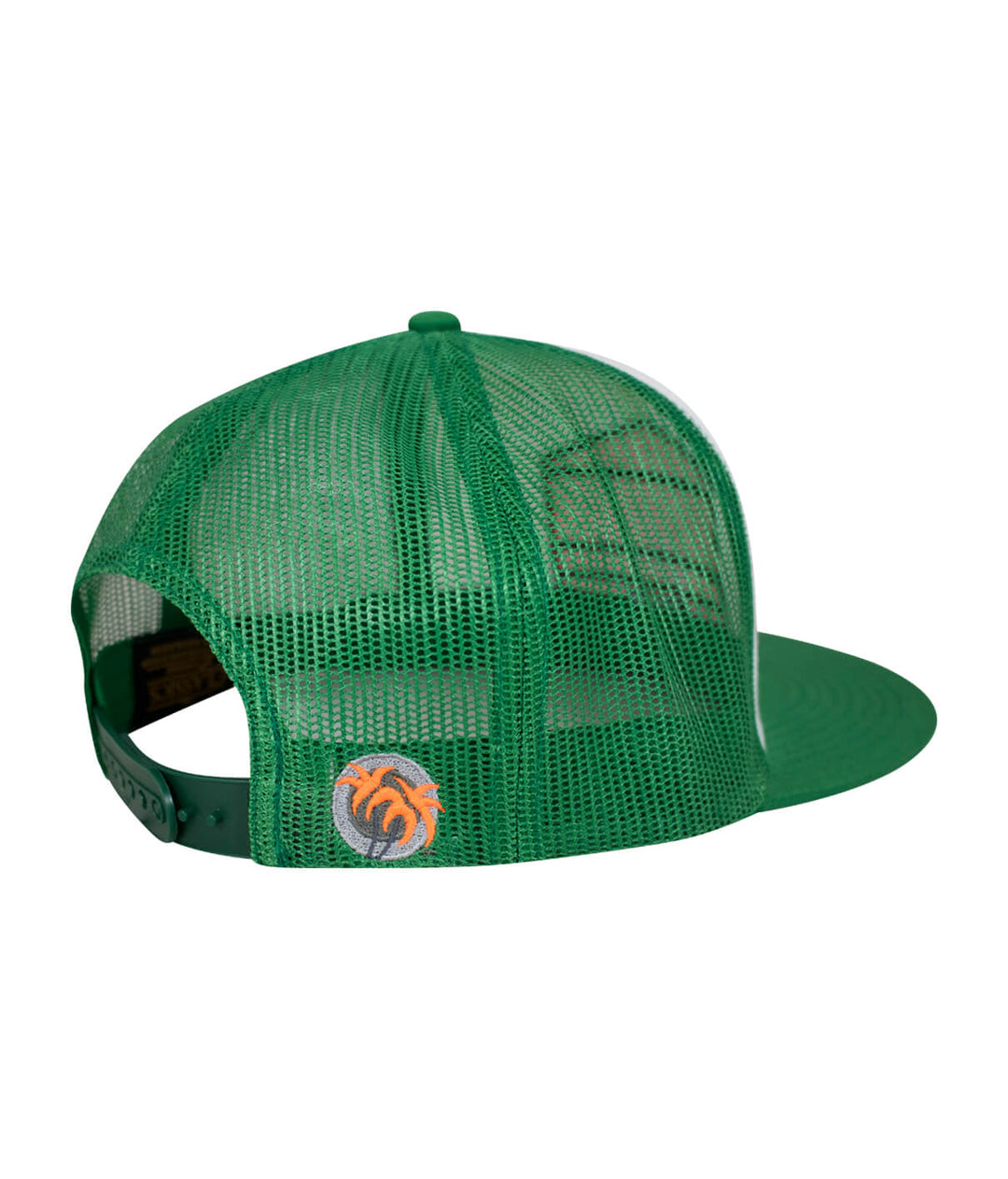 Good Times Neon trucker hat showing green mesh back and classic palm logo in neon orange and green.