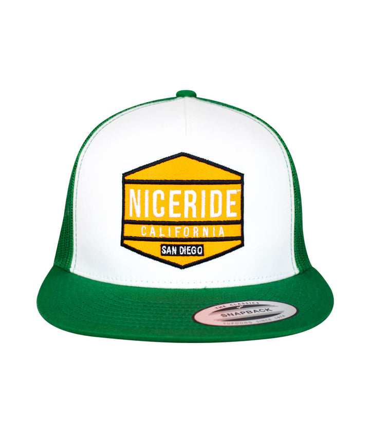 Good Times - Neon hat featuring NICERIDE design, snapback trucker style in white and green.