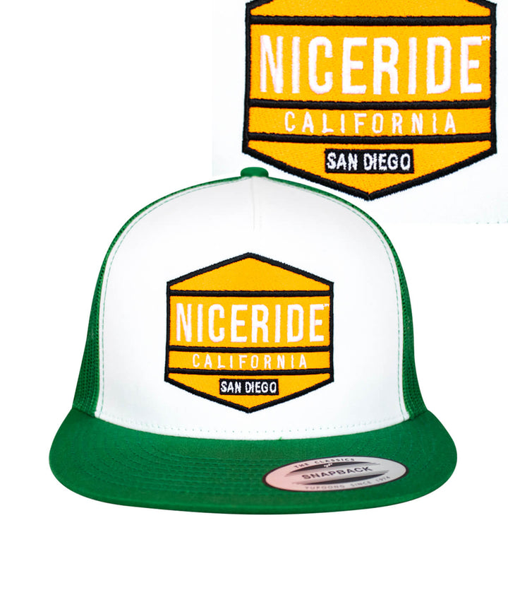 Good Times - Neon trucker hat with NICERIDE design and palm logo in neon colors.