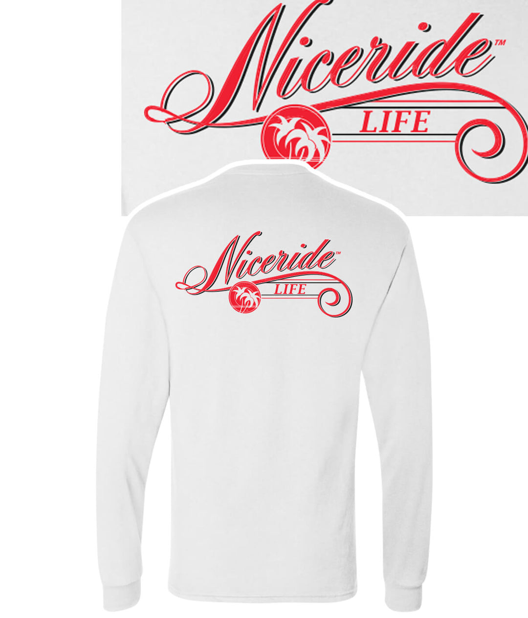 Hanes Men's white long sleeve shirt with red Nicerride Life logo printed on back and front.