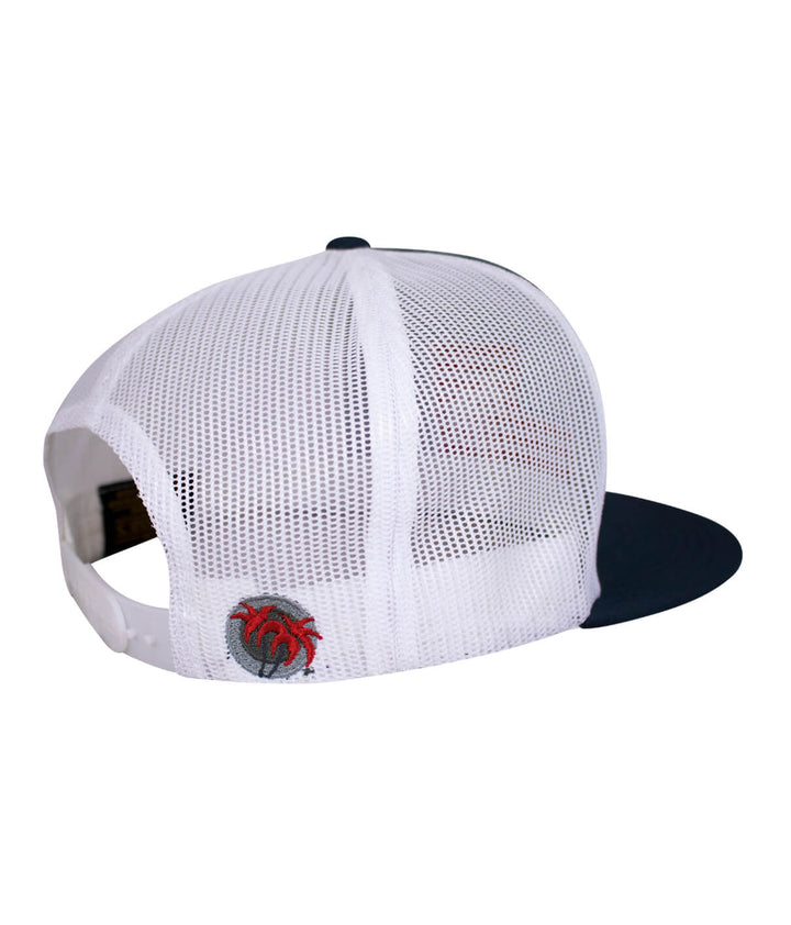 Niceride Pride trucker hat showing back view with black brim and embroidered palm logo.