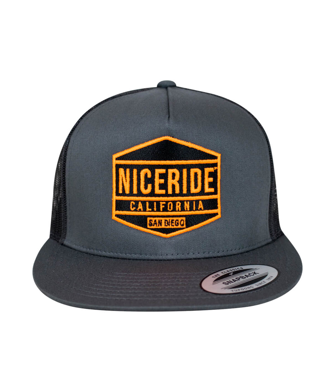 NICERIDE California San Diego trucker hat with orange embroidery on gray background