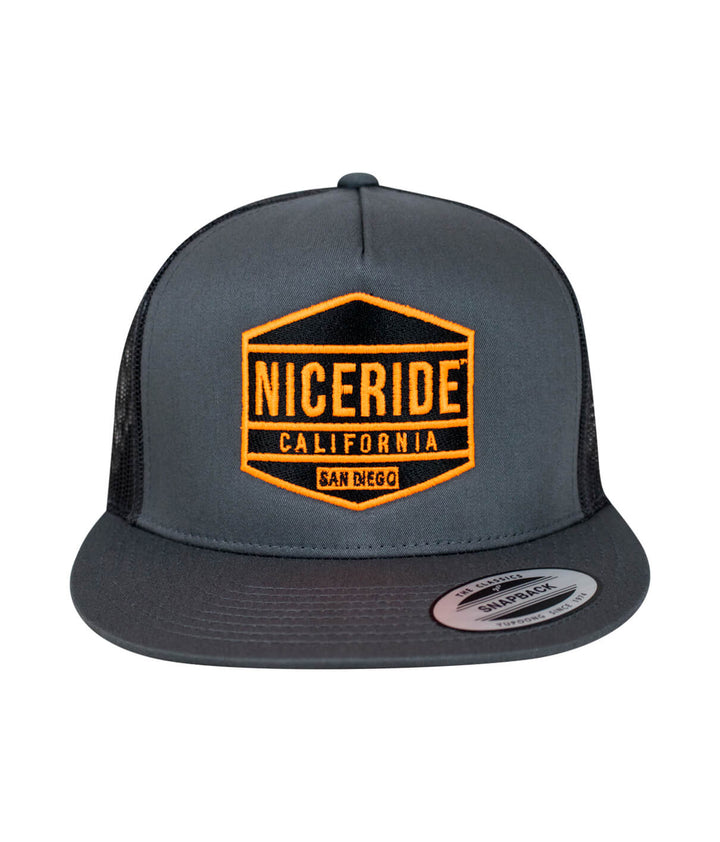 NICERIDE California San Diego trucker hat with orange embroidery on gray background
