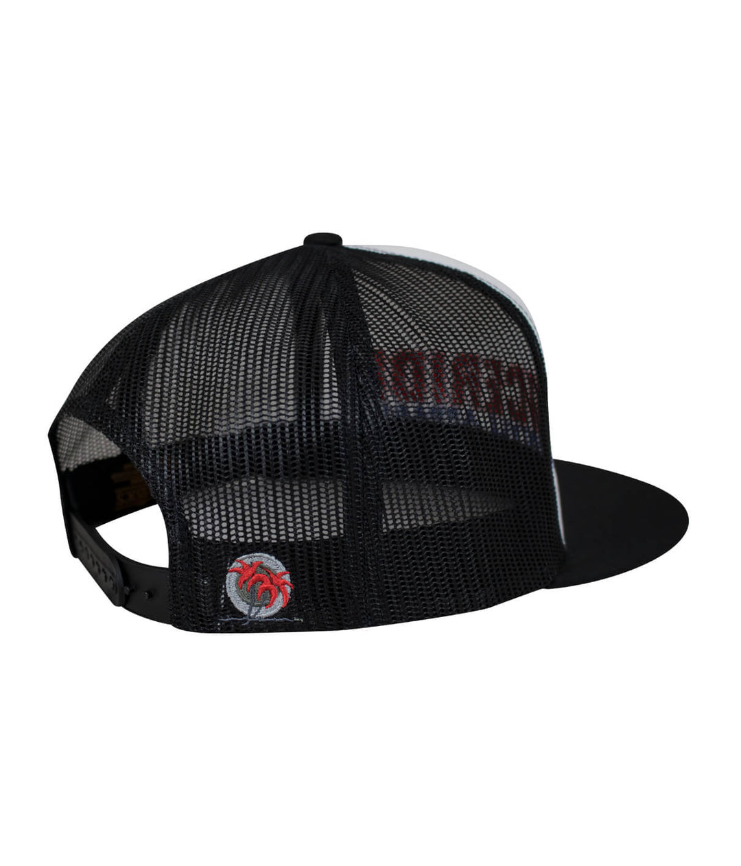 Podium Trucker Baseball Hat back view showing NICERIDE design and classic palm logo embroidered.