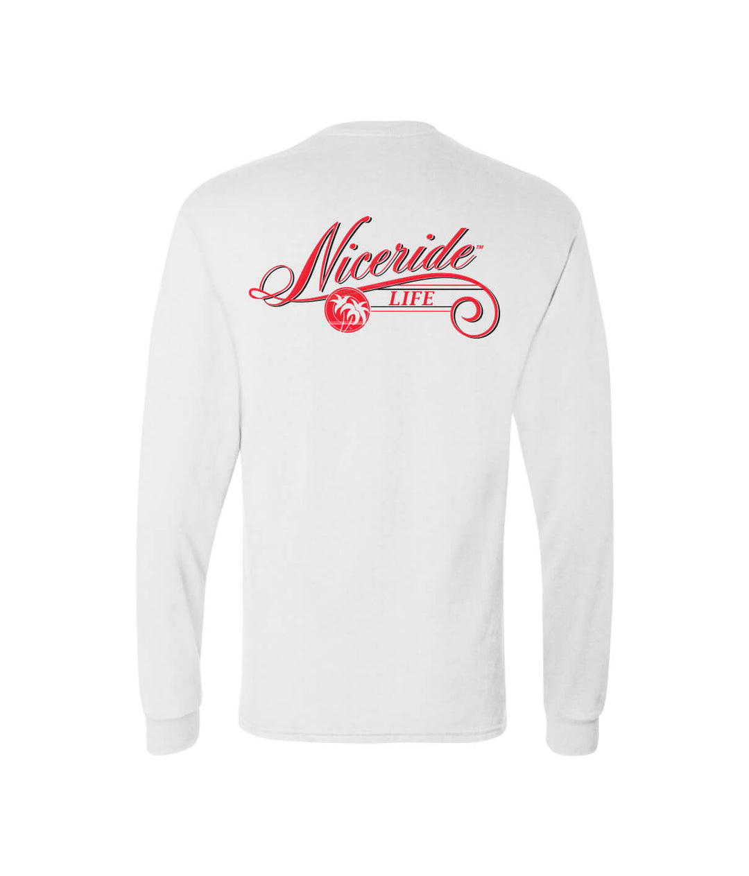 shirt showing the back design of The Life - Nicetride in red on a white long sleeve cotton fabric.
