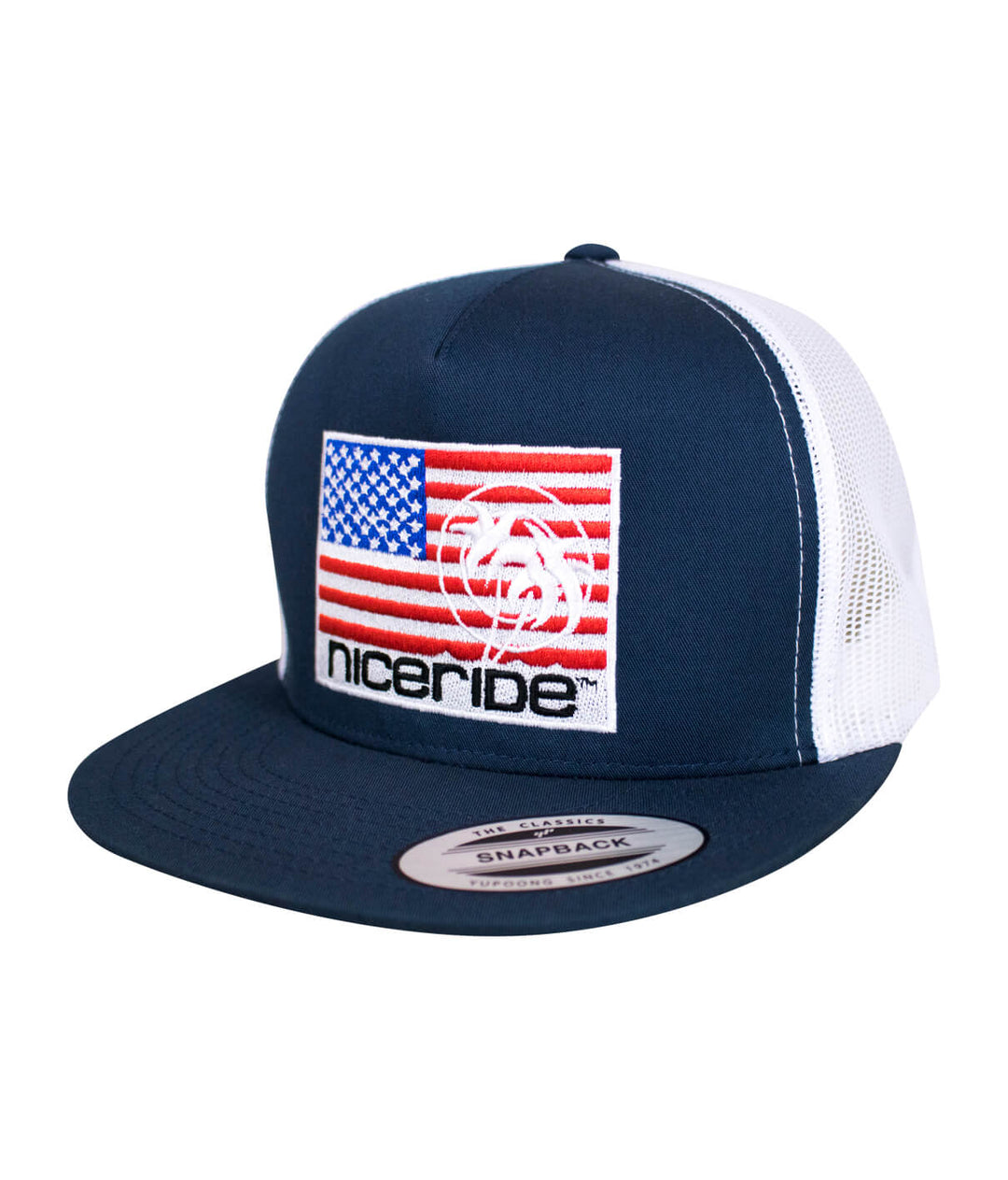 Niceride Pride hat featuring American flag and embroidered logo on a classic trucker cap.