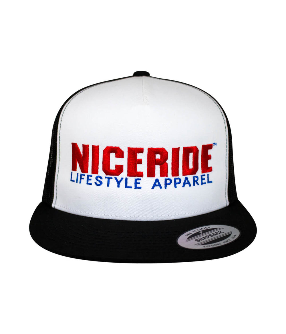 Classic snapback hat with NICERIDE logo for lifestyle apparel, side and front view.