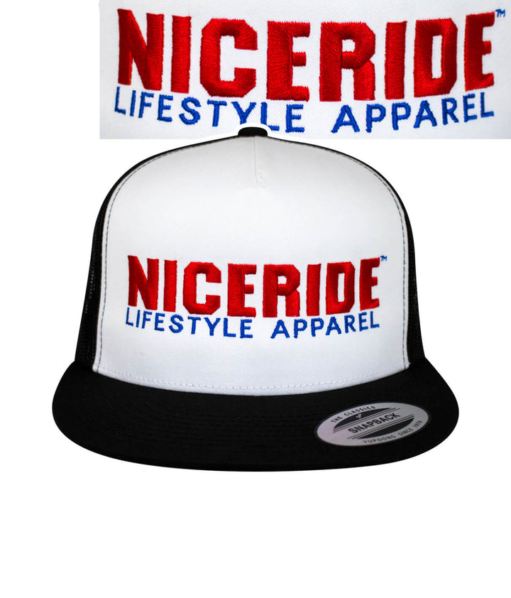 Podium Trucker Baseball Hat featuring NICERIDE logo and lifestyle apparel design, perfect stylish hat.
