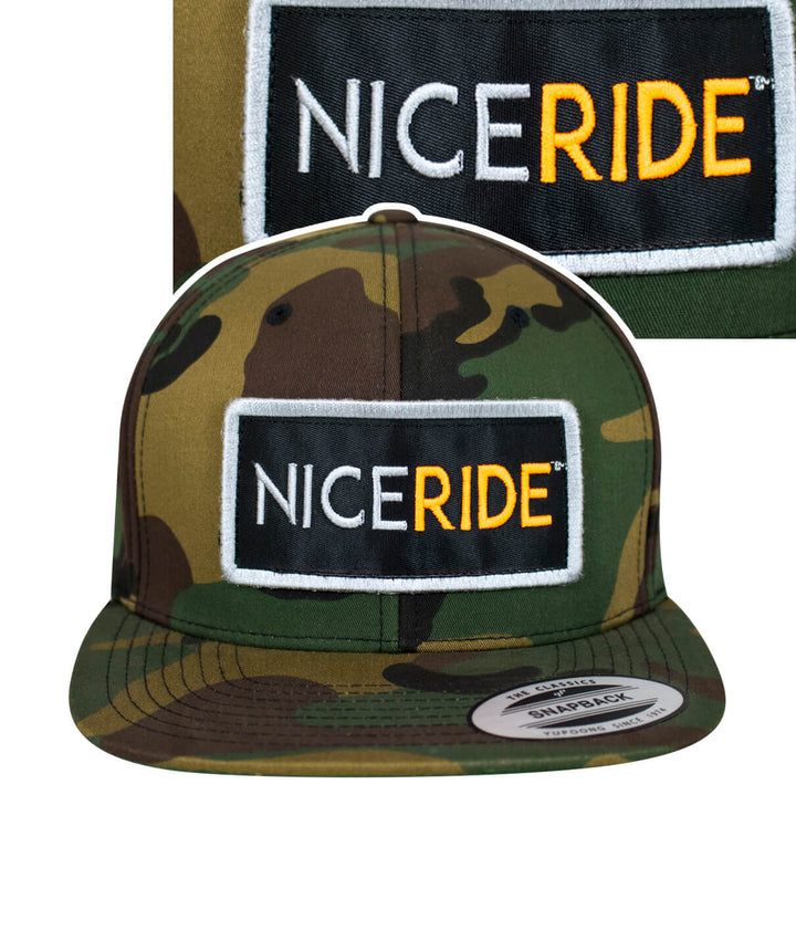 N-R Patch Snapback Hat featuring NICERIDE patch on front and camo design, perfect stylish hat for casual wear.