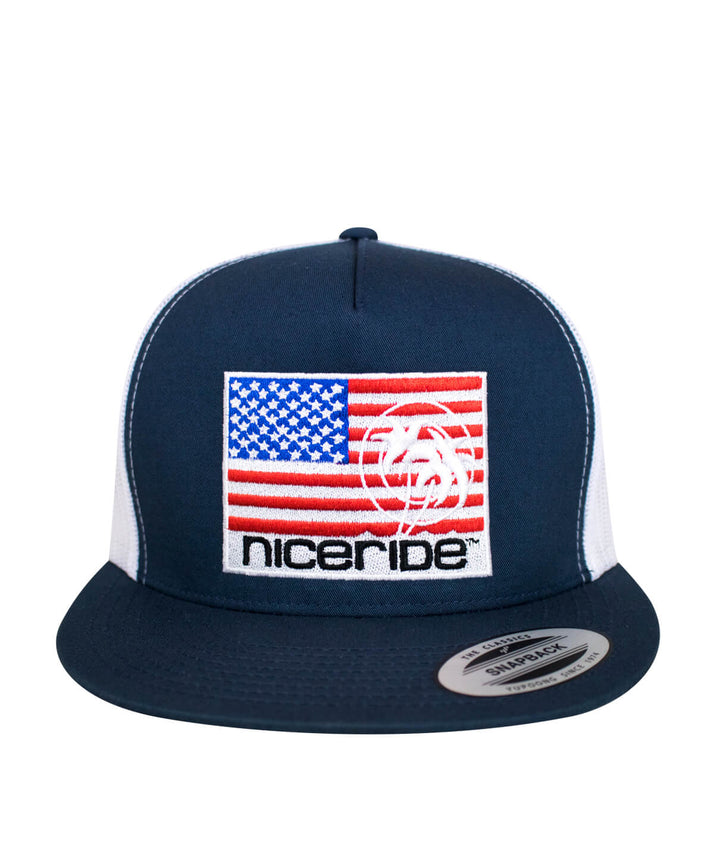 Niceride Pride hat featuring American flag design and blacked out logo, classic snapback style.