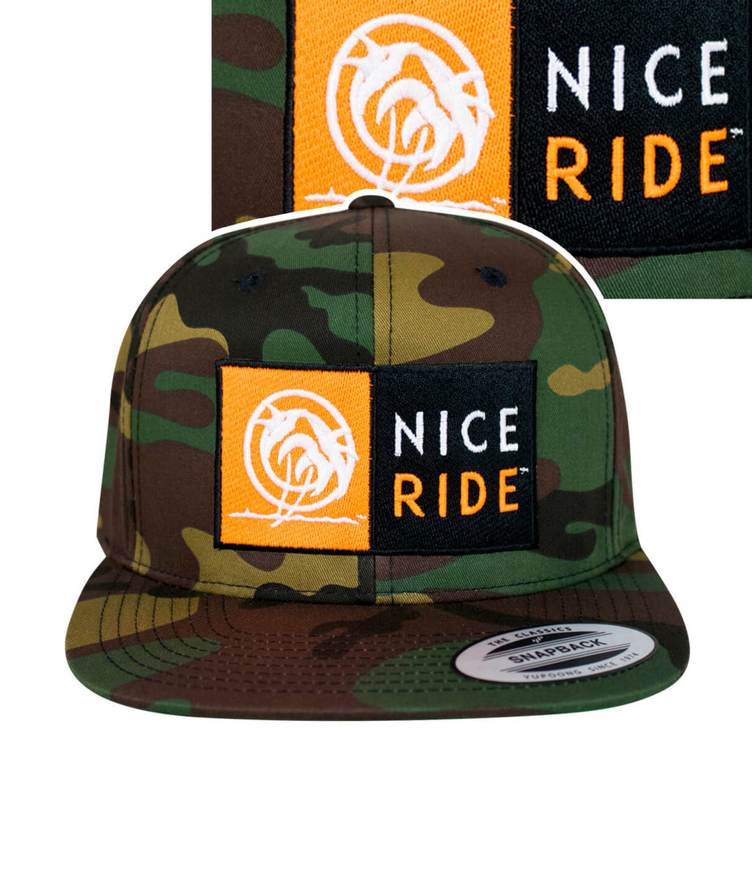 N-R Combo snapback cap, camo design baseball cap with NICE RIDE logo, perfect stylish hat for outdoor adventures.