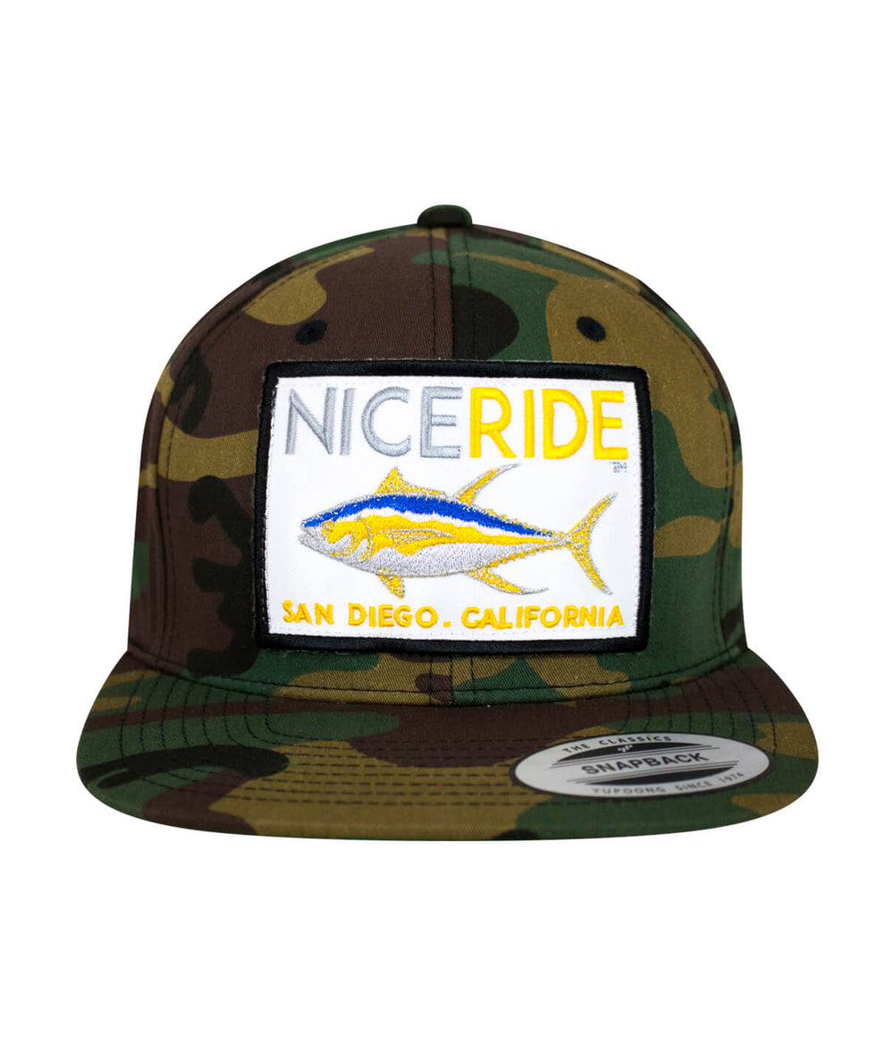 Camo Snapback hat with NICE RIDE patch, designed, embroidered, and shipped in the USA.