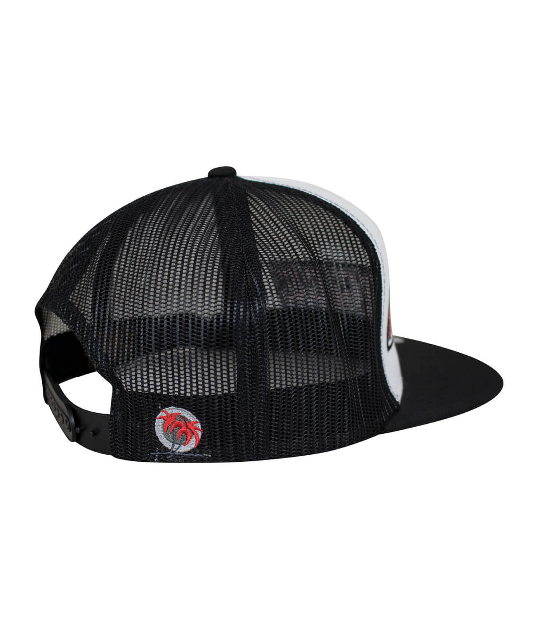 Back view of the Slick Trucker Hat showcasing black mesh and embroidered palm logo, perfect hat for style and comfort.