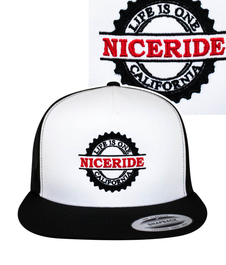 6006 Classic Snapback Trucker Hat featuring embroidered NICERIDE design, perfect stylish hat for any occasion.