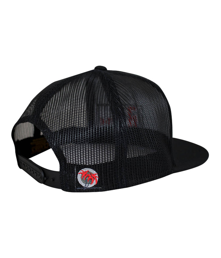 Black mesh back of the N-R Red Trucker Hat showing the palm logo with red leaves.