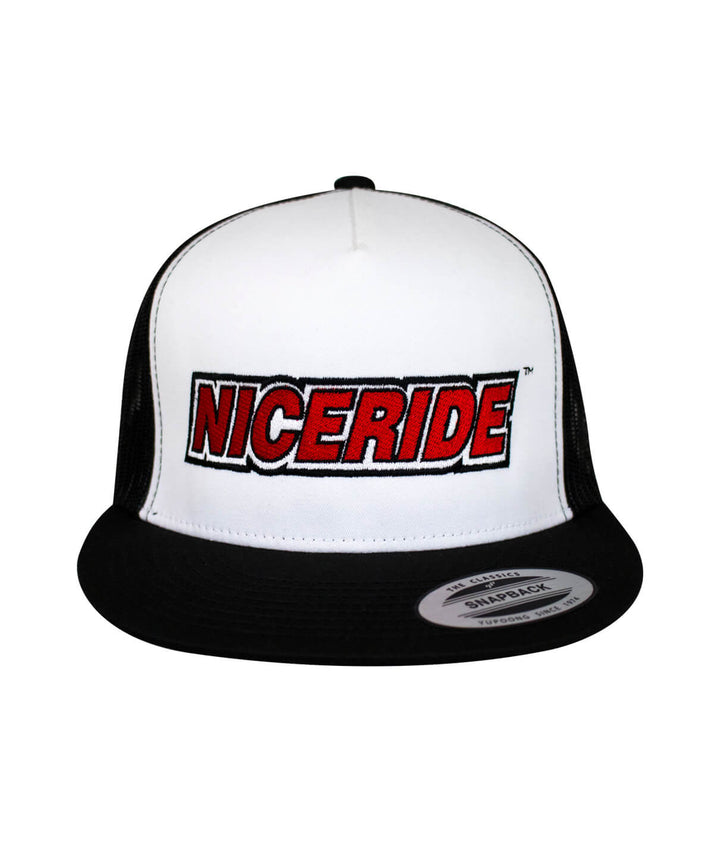 Slick Trucker Hat, NICERIDE logo embroidered on a white and black cap, perfect for casual wear. hat.