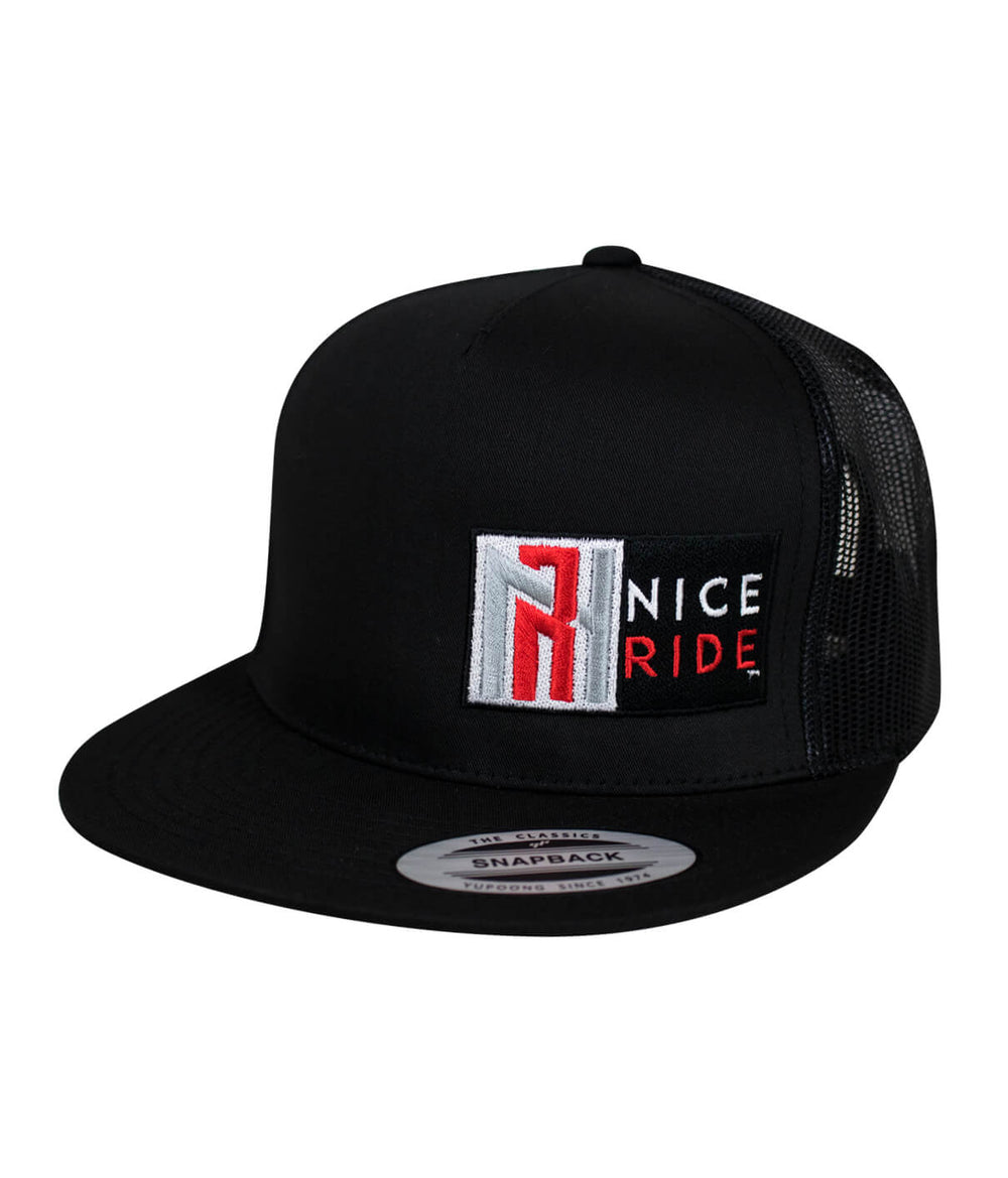 N-R Red trucker hat featuring NICERIDE logo embroidered on front and palm logo on back, showcasing stylish black design.