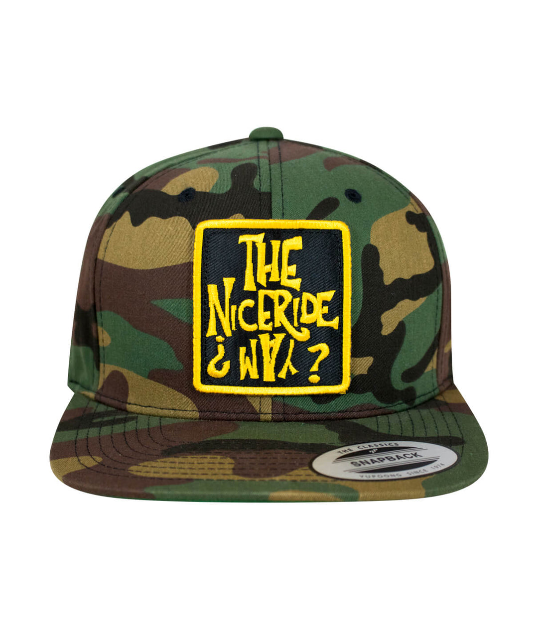 NICERIDE WAY snapback hat featuring embroidered patch on camo design, perfect casual hat for all occasions.