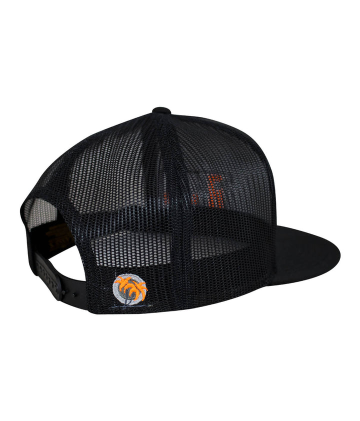Back view of N-R Neon Orange trucker hat with NICERIDE logo and palm design in neon orange.