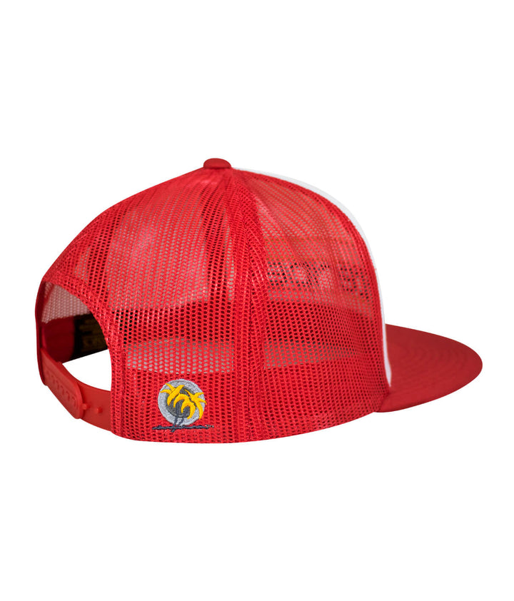 Cali Life red and green trucker hat showing embroidered design and mesh back, perfect summer hat for outdoor wear.