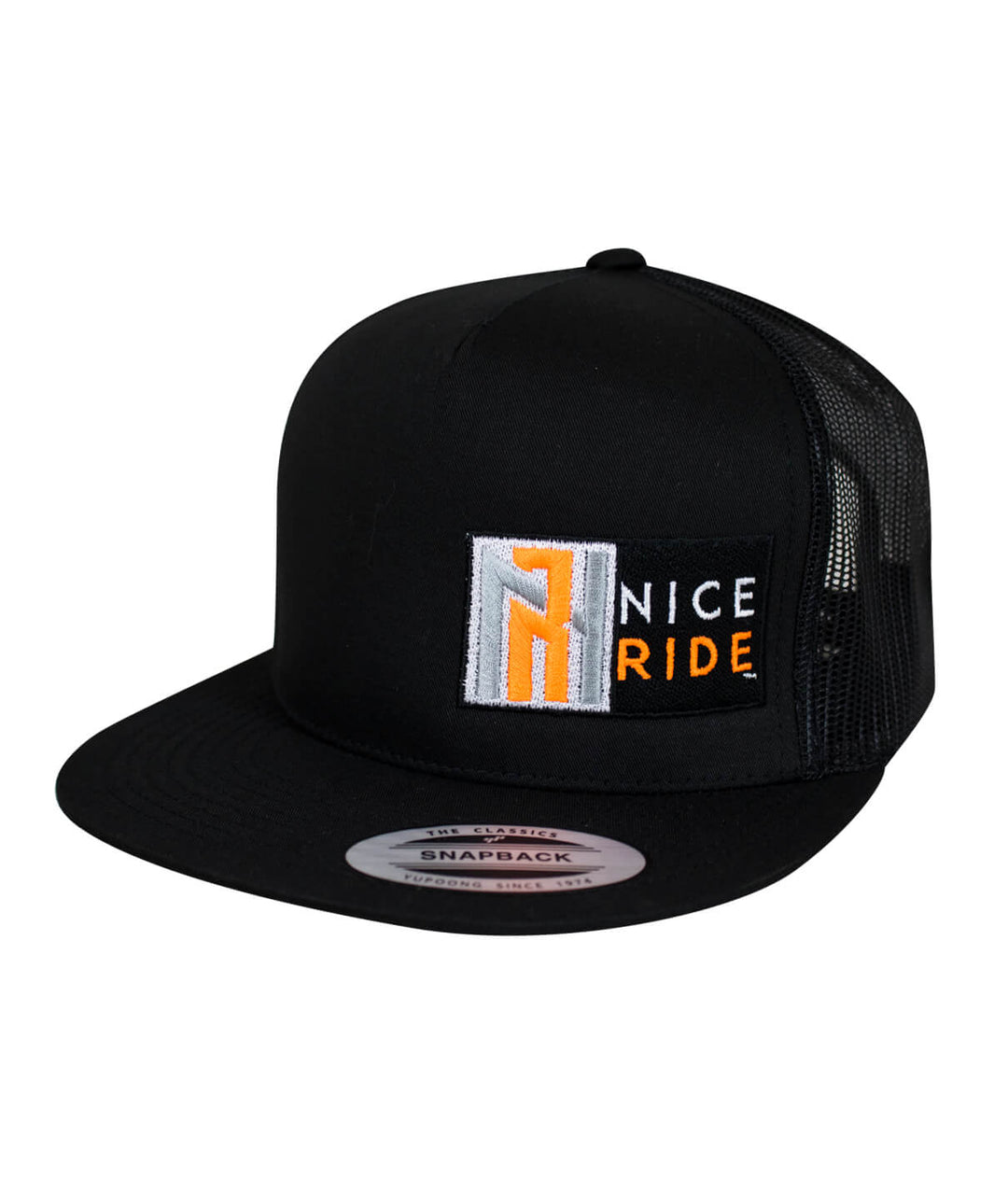 N-R Neon Orange trucker hat with NICERIDE logo embroidered on front panel and snapback design.