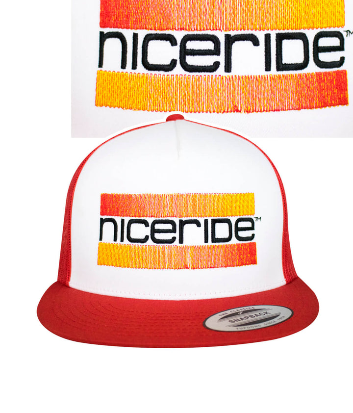 Cali Life red and green trucker hat featuring NICERIDE logo design, perfect baseball cap for casual wear.