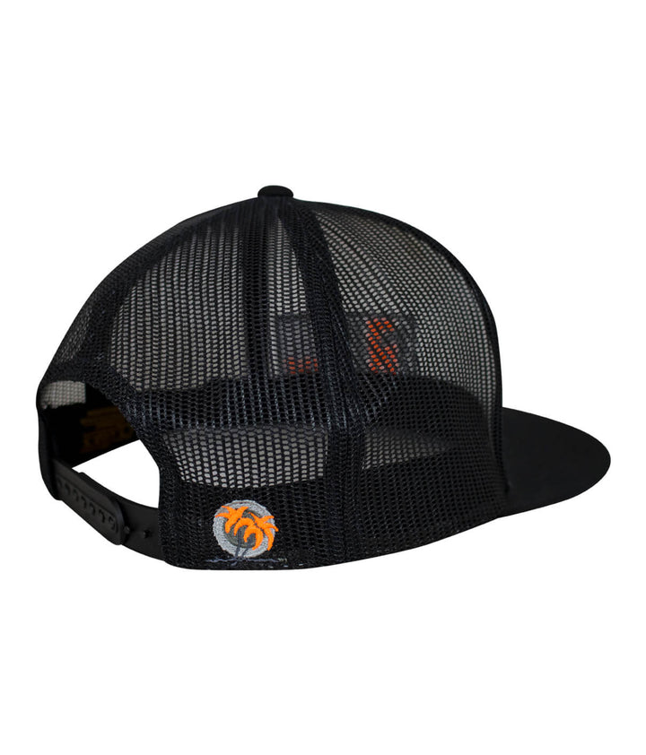 Back view of N-R Neon Orange trucker hat featuring black mesh design and NICERIDE palm logo embroidered.