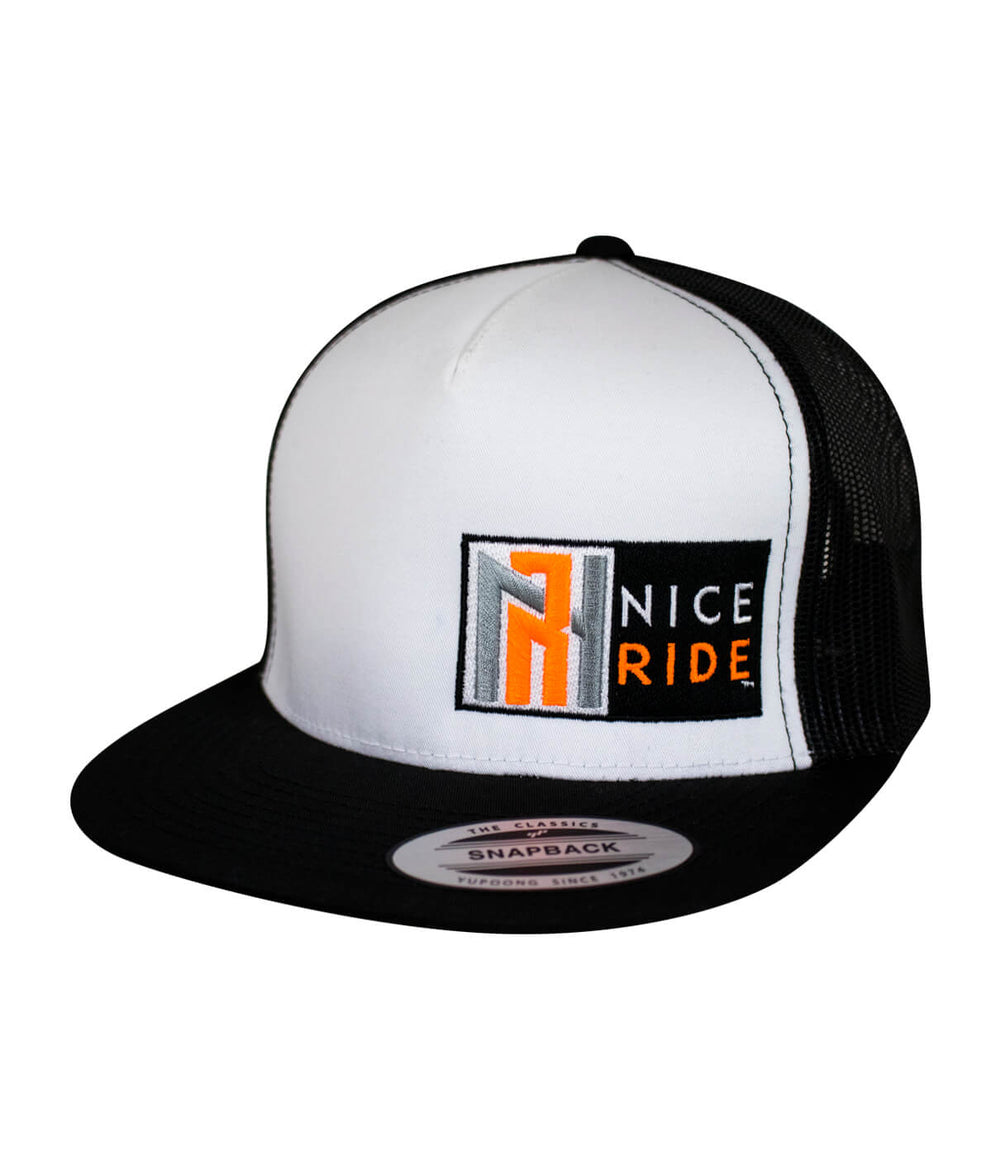 N-R Neon Orange trucker hat featuring NICERIDE logo and snapback design, perfect for stylish headwear.