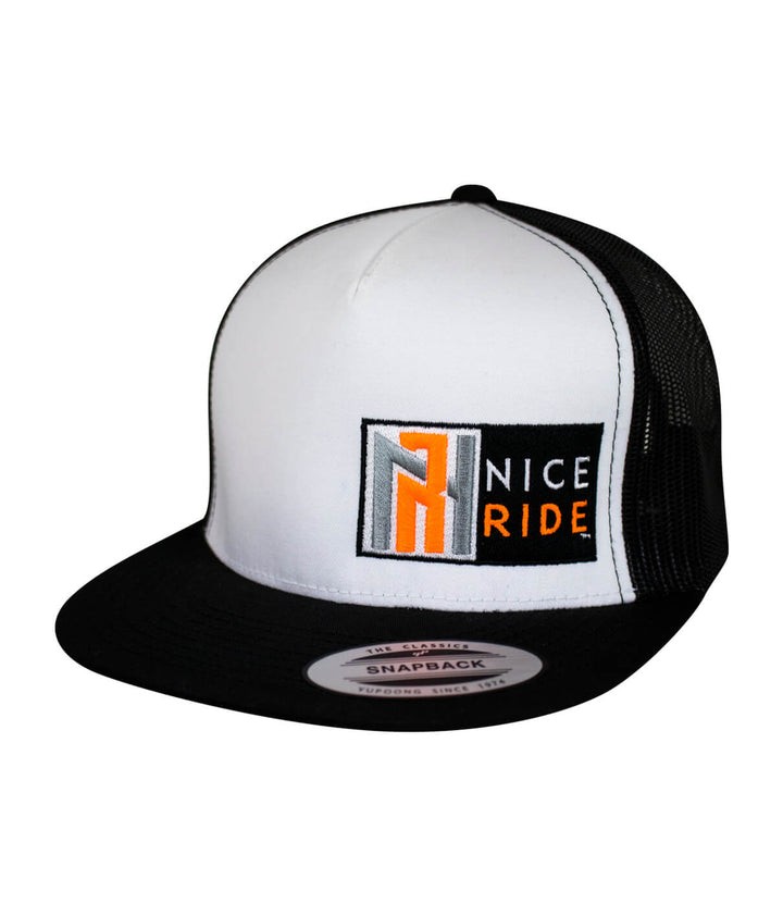 N-R Neon Orange trucker hat featuring NICERIDE logo and snapback design, perfect for stylish headwear.