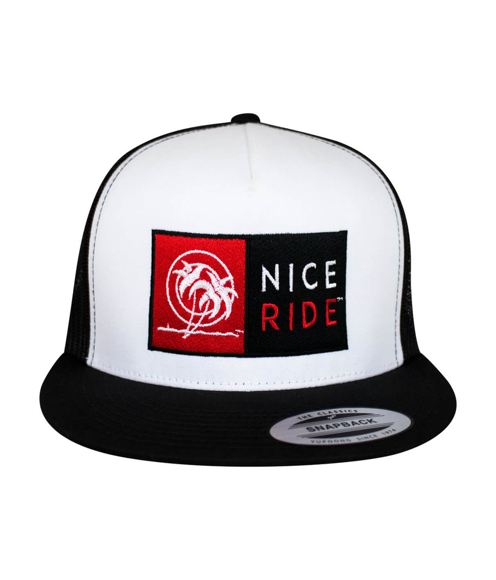 N-R Combo Trucker Hat featuring NICERIDE design, classic snapback style, and embroidered logo on front and back.