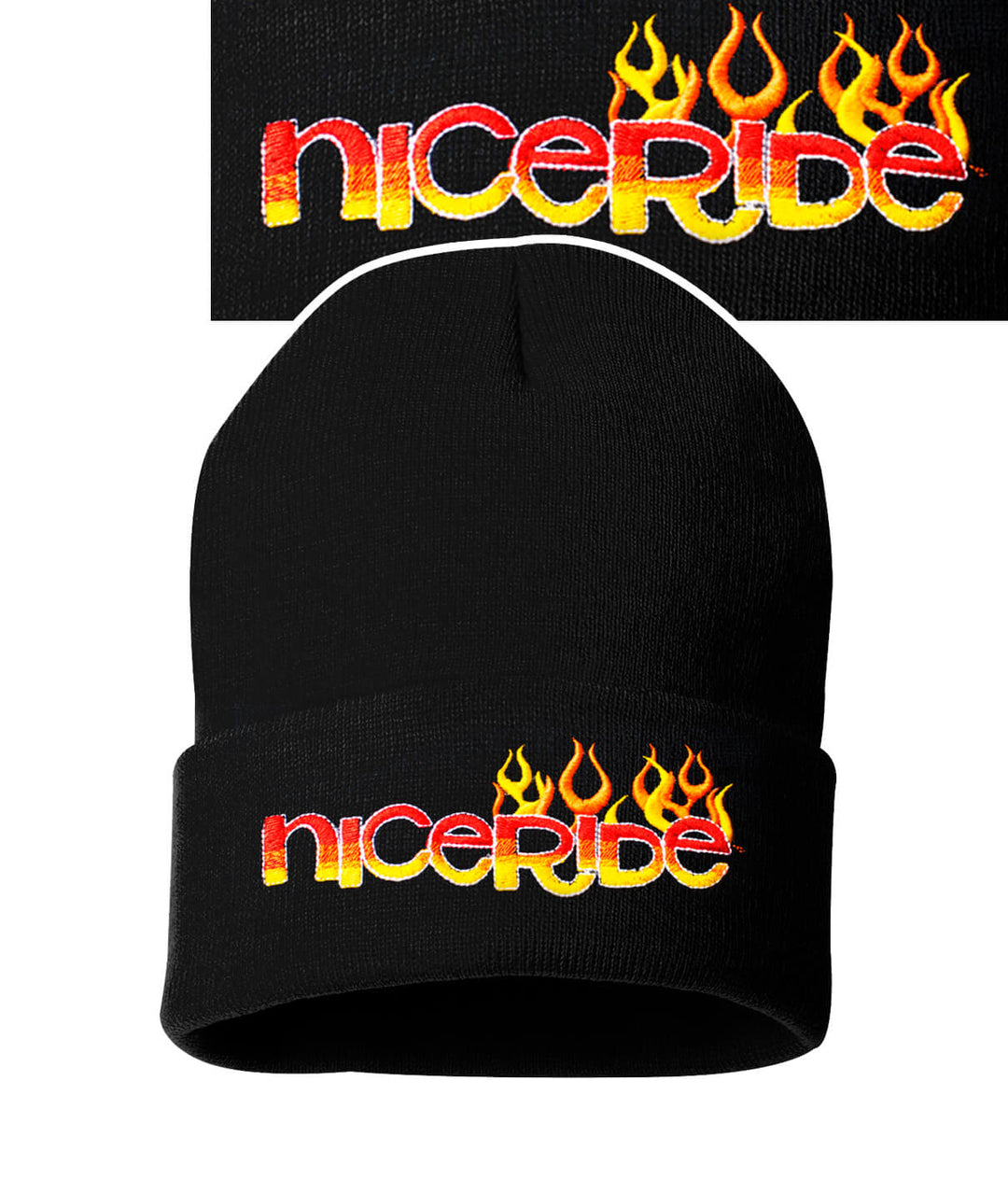 Beanie featuring the 'niceRide' logo with flames, designed for style and warmth.