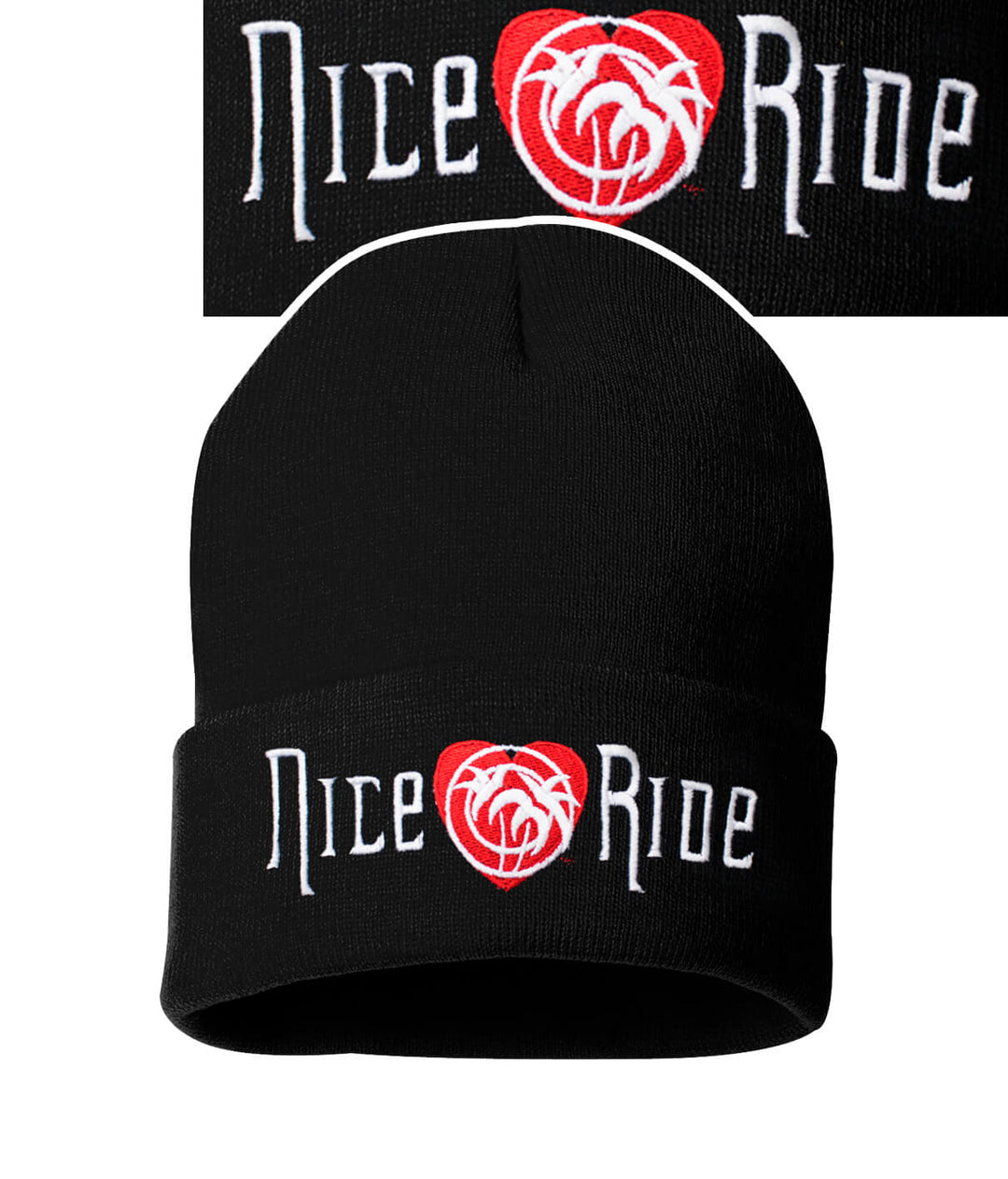 Black cuffed beanie featuring 'Nice Ride' and heart logo embroidery, perfect for stylish warmth.