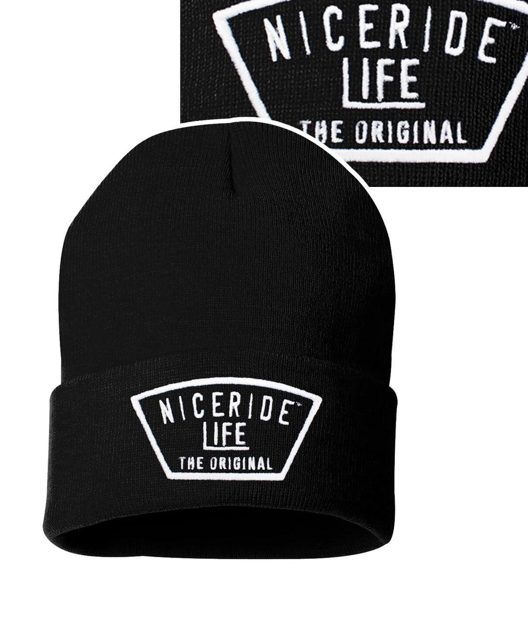 Black beanie with NICERIDE LIFE THE ORIGINAL logo embroidered on the front. Stylish cuffed beanie for everyday wear.