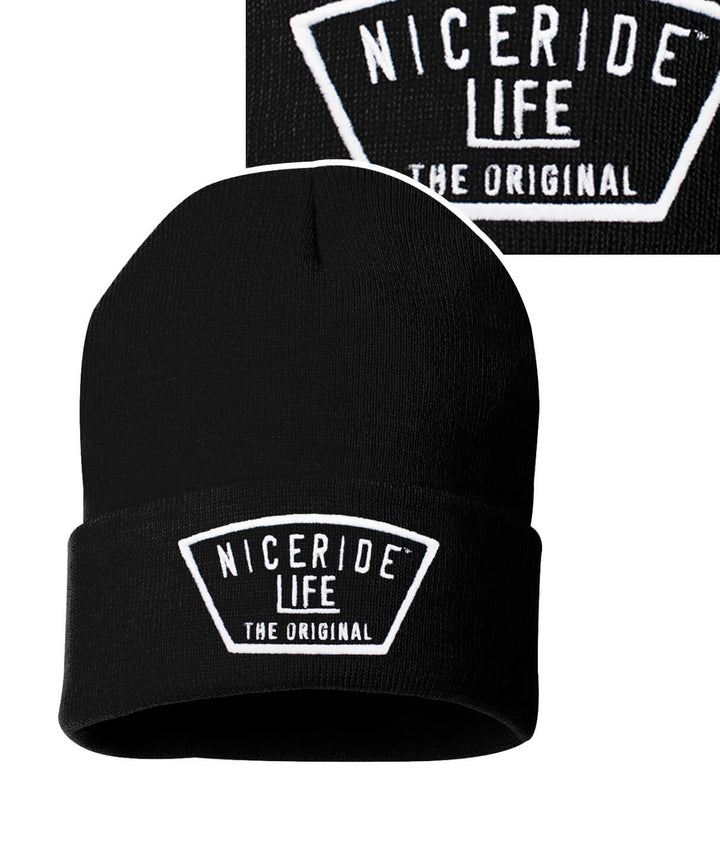 Black beanie with NICERIDE LIFE THE ORIGINAL logo embroidered on the front. Stylish cuffed beanie for everyday wear.