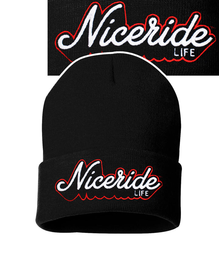 Black beanie featuring embroidered "Niceride Life" logo, perfect accessory for style and warmth. Beanie for winter fashion.