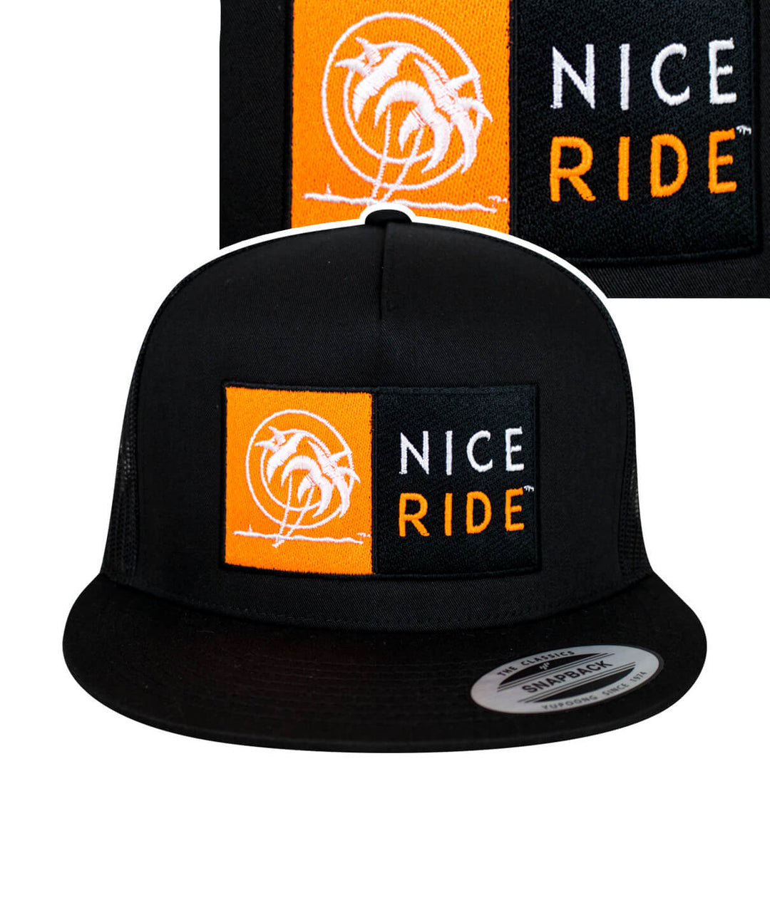 N-R Combo trucker hat with NICERIDE logo embroidered on front and classic palm logo on the side. Stylish hat design.