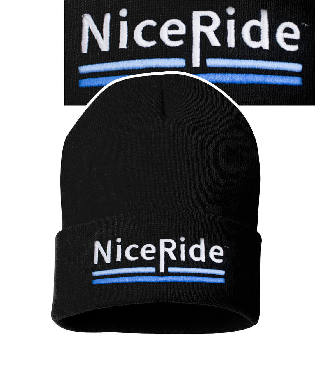 Black beanie featuring NiceRide logo in white and blue, perfect for style and warmth.
