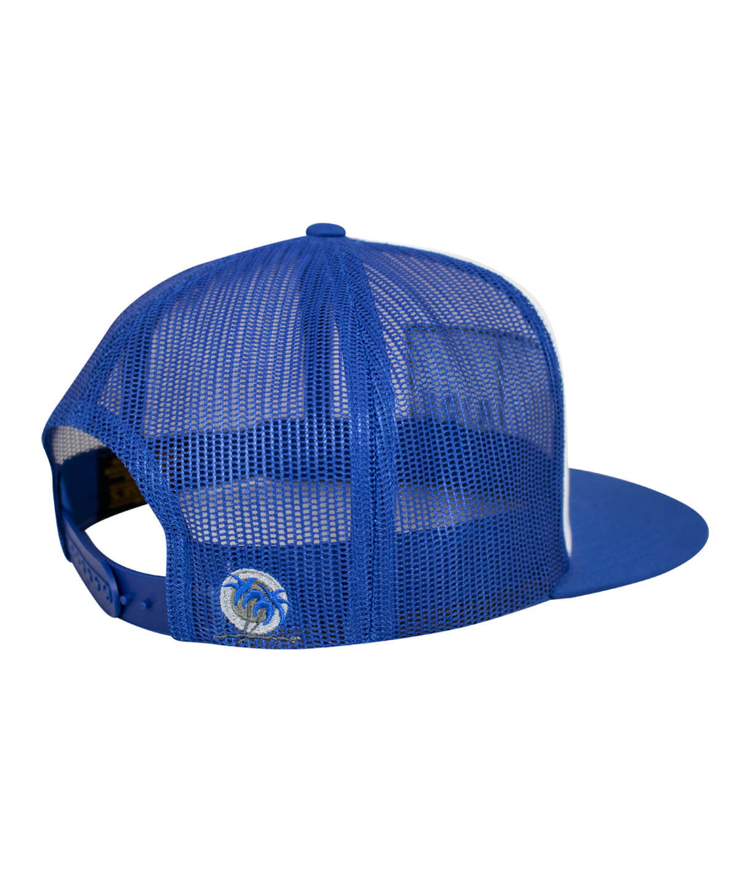 Back view of the N-R Combo Trucker Hat showcasing the mesh design and blacked out palm logo embroidered on rear.
