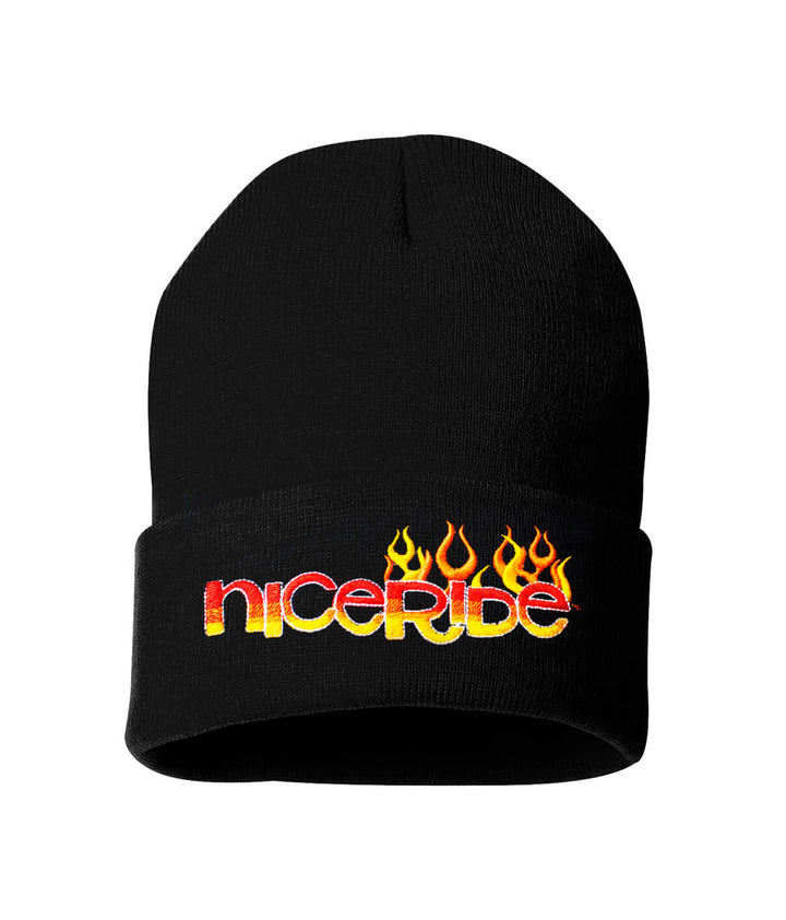 Black beanie with "niceride" logo and flame design embroidered on the front, perfect for style and warmth.