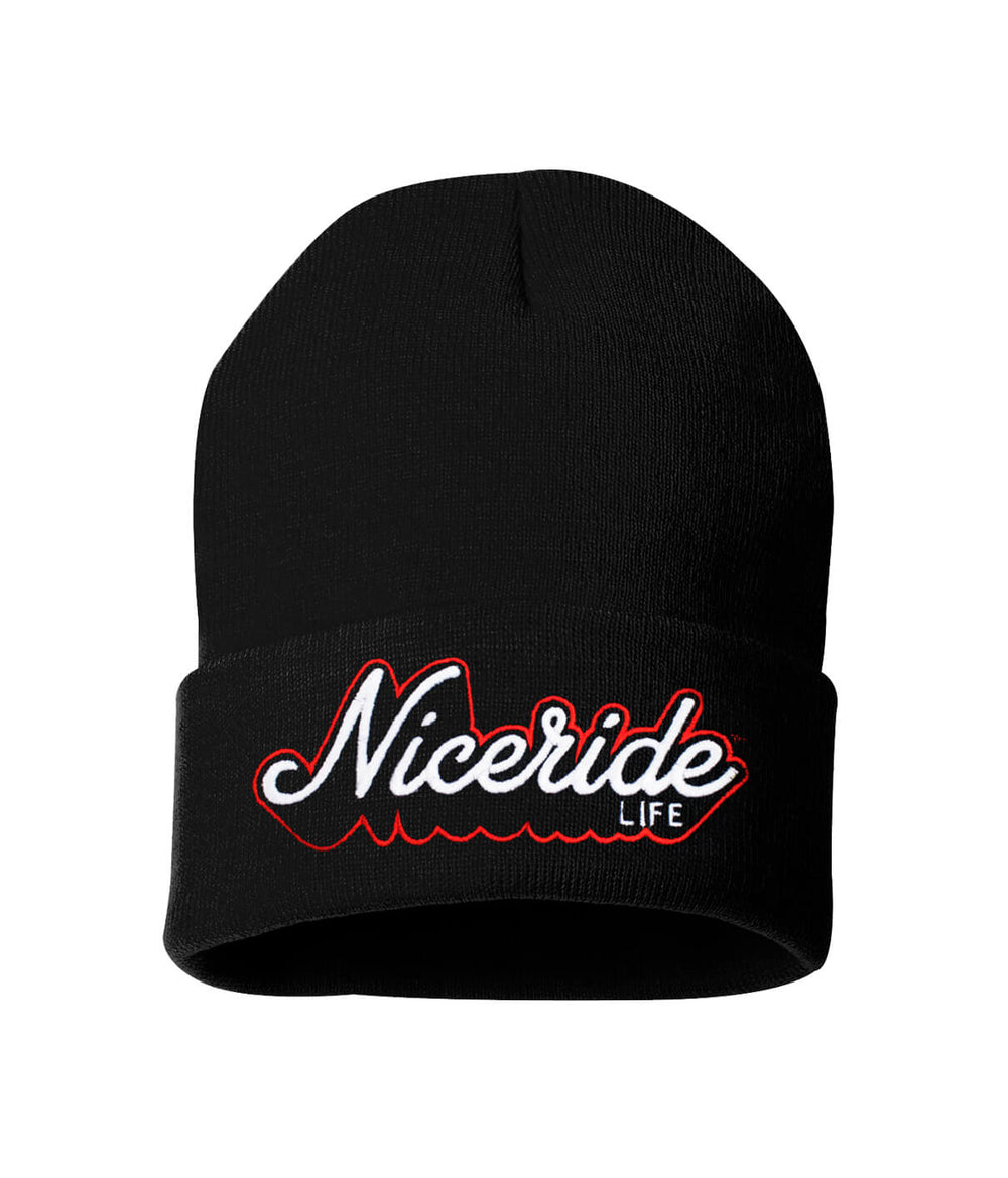 Black beanie with 'Niceride Life' logo embroidered on the cuff, stylish and warm beanie for outdoor activities.
