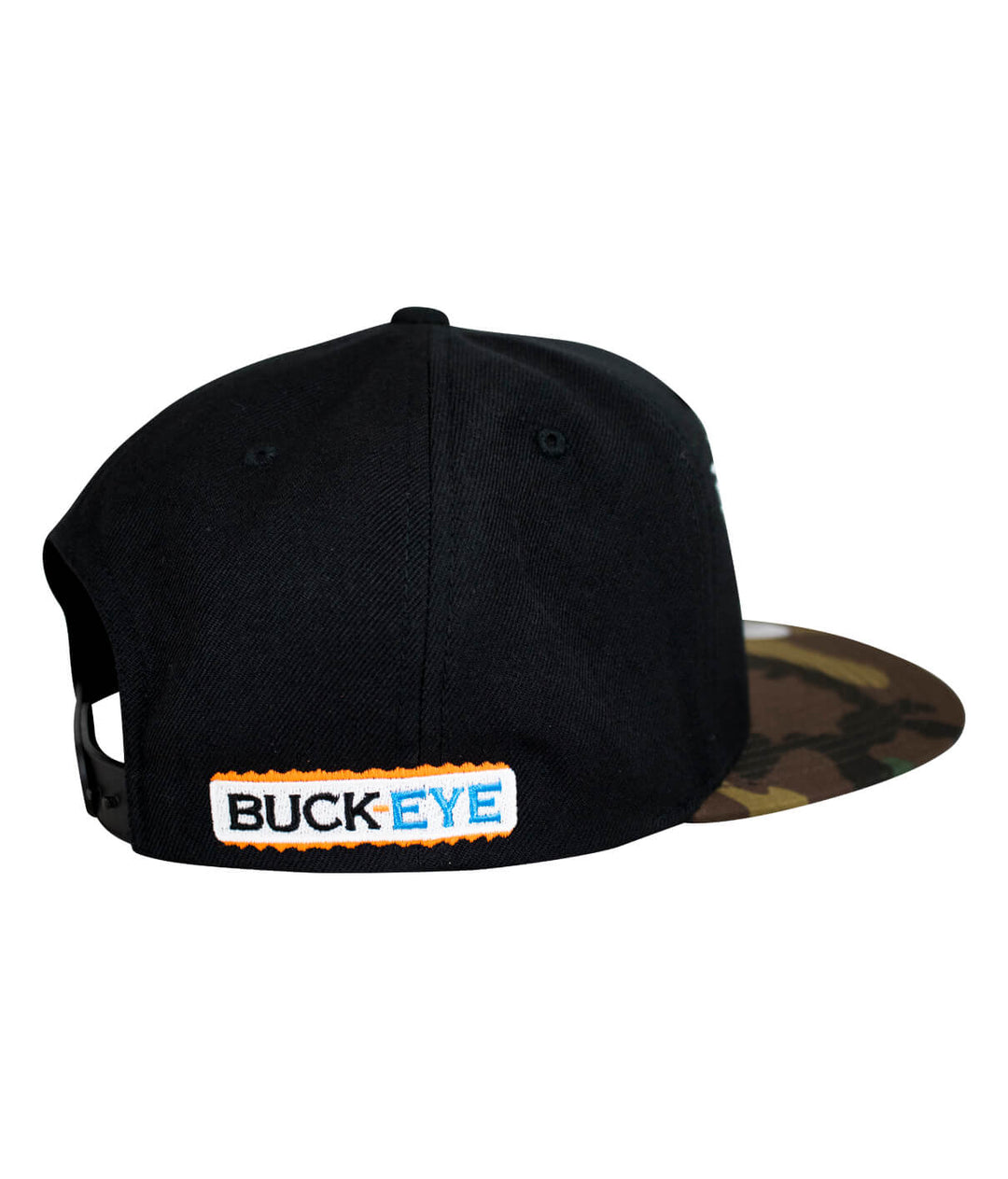 Rear view of "BUCK-EYE FADED GLORY" snapback hat with black fabric and camo brim, featuring embroidered logo.
