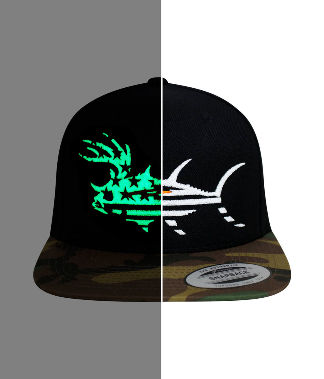 BUCK- EYE FADED GLORY hat featuring black and camo colors with glowing embroidery design for evening outdoor activities.