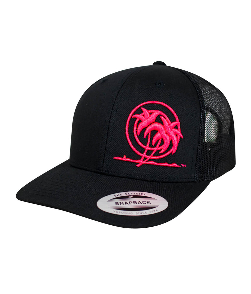 Black Retro Trucker Hat featuring NICERIDE's embroidered Palm Logo on the front left panel.