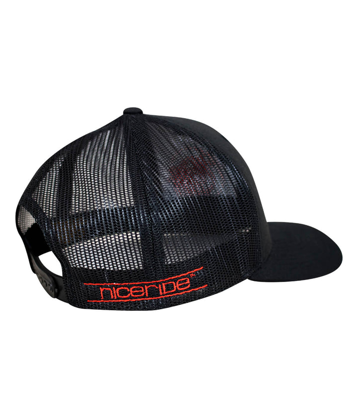Back view of the NICERIDE Retro Trucker Hat featuring mesh panels and the logo, perfect stylish hat for casual wear.
