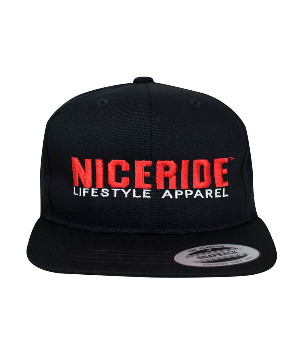 Classic black NICERIDE snapback youth hat featuring embroidered logo for lifestyle apparel.